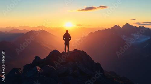 Explorer at the edge of a precipice, silhouetted against the pastel hues of a setting sun over distant peaks