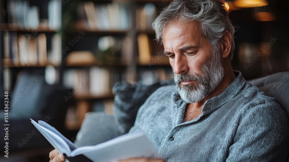 Mature Man Reading Book in Cozy Atmosphere with Bookshelves Behind Mature Man Reading Book in Cozy Atmosphere with Bookshelves Behind