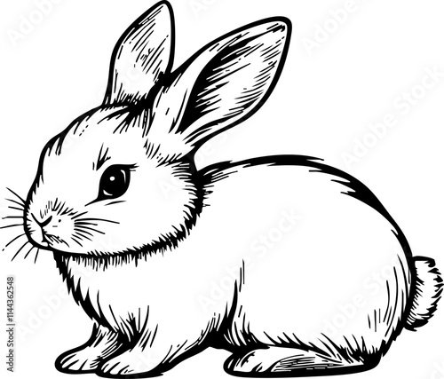 A detailed black and white sketch of a cute rabbit, showcasing its playful nature and distinct features.