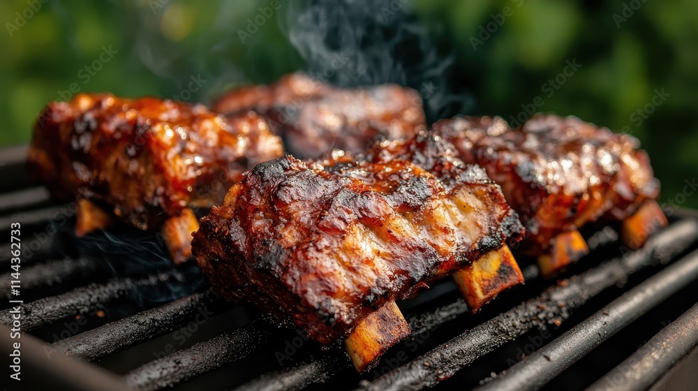 Succulent barbecue ribs, caramelized in savory sauce, lie on the grill, exuding smokiness and flavor, inviting a perfect indulgence for meat lovers everywhere. Succulent barbecue ribs, caramelized in savory sauce, lie on the grill, exuding smokiness and flavor, inviting a perfect indulgence for meat lovers everywhere.