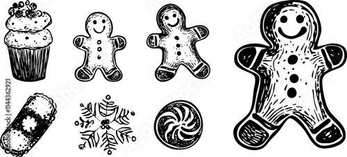 A collection of hand-drawn dessert illustrations including cupcakes, cookies, and gingerbread figures, perfect for festive designs.