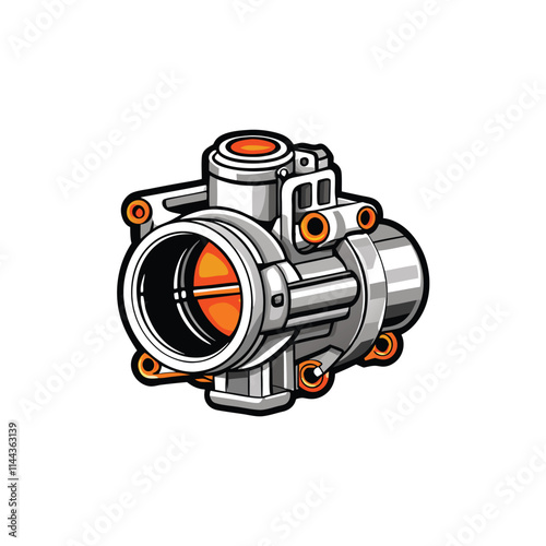 Highly detailed photorealistic render of a throttle body, showcasing intricate internal mechanisms and valve operation.  Include visible air intake.
