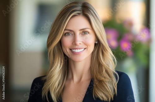 Professional woman with blonde hair in a modern office environment exuding confidence and approachability, ideal for business and corporate themes in photography.