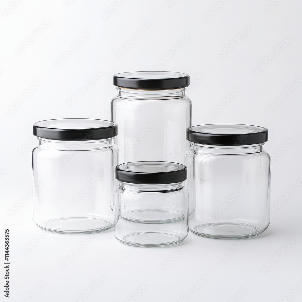 Glass jars with black lids on a white isolated background. Glass jars with black lids on a white isolated background.