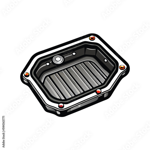 Close-up detailed shot of a low-profile transmission fluid pan, showcasing its design and construction features.  Highlight any visible markings or components.