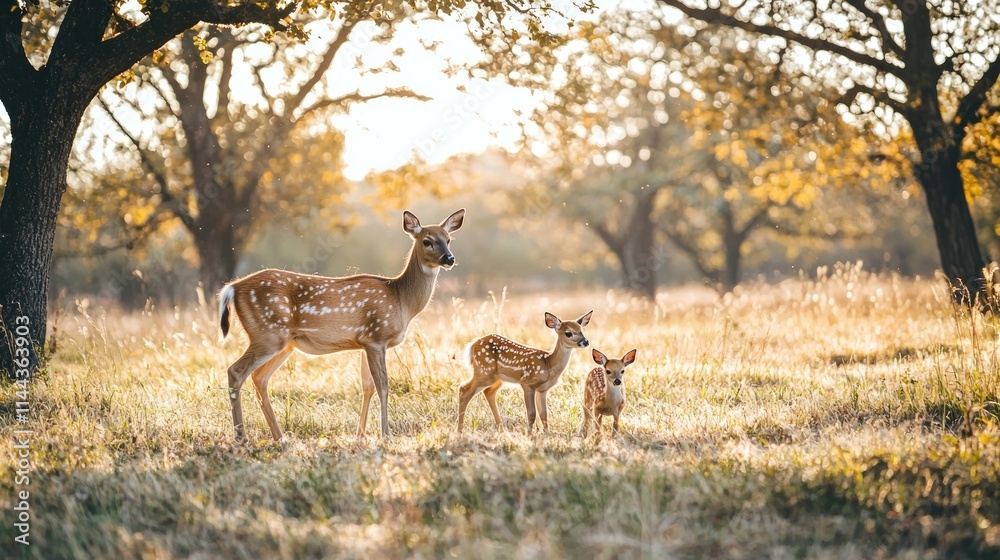 A mother deer and her fawn grazing in a serene field surrounded by trees A mother deer and her fawn grazing in a serene field surrounded by trees