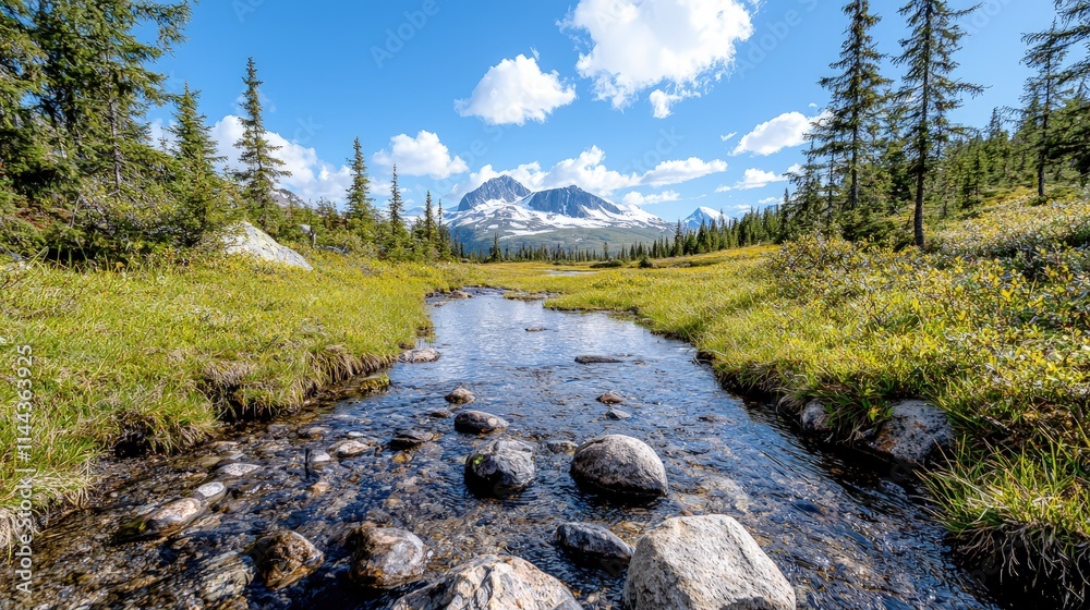 Obraz premium Mountain stream flowing through alpine meadow.