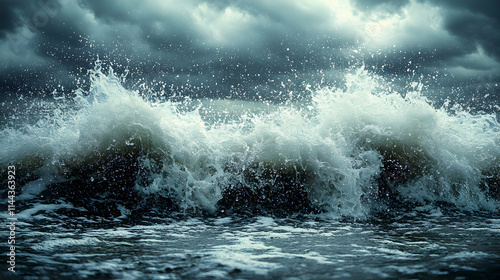 Dramatic ocean waves crashing under a stormy sky.