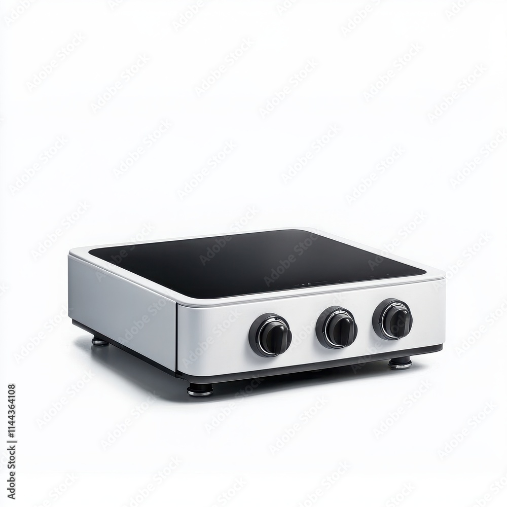 Obraz premium Modern induction cooktop with control knobs, white isolated background.