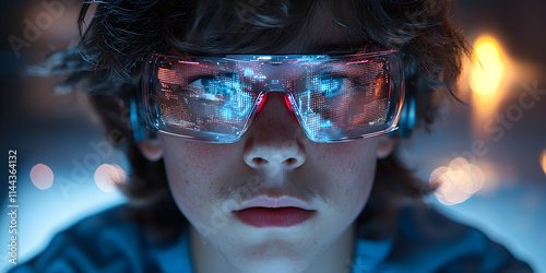 A detailed portrait of a young man wearing advanced tech, with AR glasses and a helmet projecting glowing data. The image conveys futuristic technology, merging human features with augmented reality.