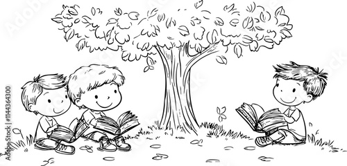 A charming black and white illustration of children reading books under a large tree, promoting themes of education and friendship.