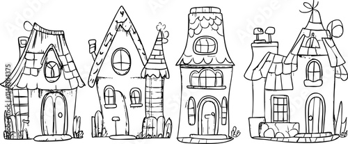 A whimsical illustration of various charming houses, showcasing unique designs and hand-drawn details in a playful style.