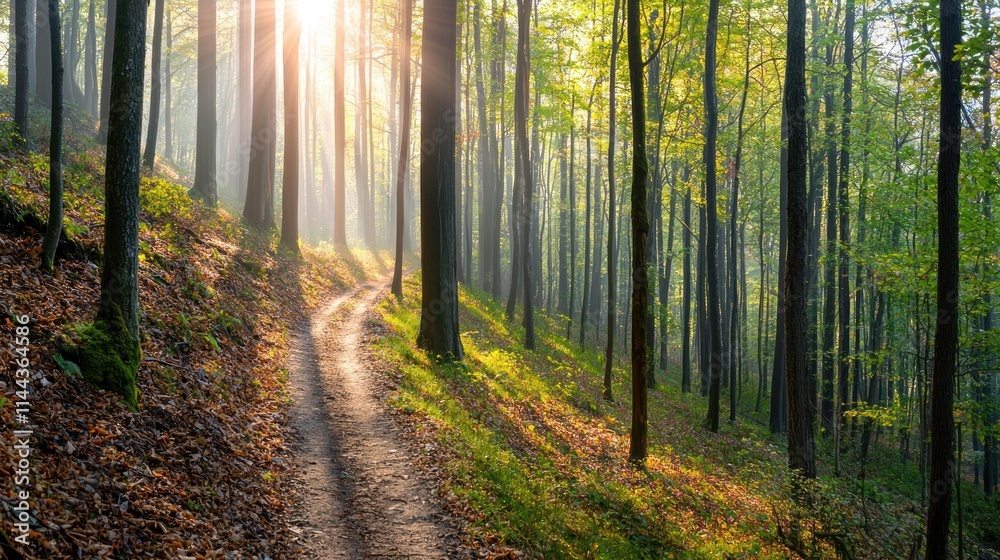 Fototapeta premium A narrow dirt trail winding through a dense forest with sunlight filtering through the trees