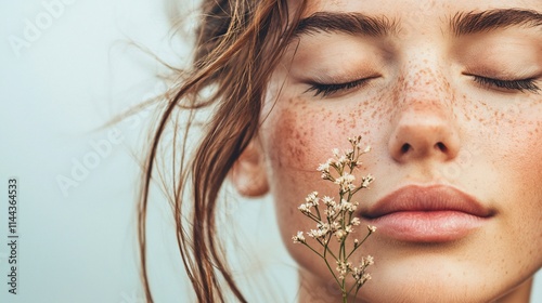Close-up of a young woman with freckles and closed eyes, holding a small bouquet of white flowers.