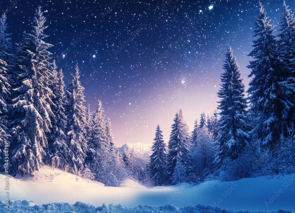 Serene Winter Landscape with Snow-Covered Pine Trees Under a Starry Night Sky and Soft Purple Glow from Distant Mountains Serene Winter Landscape with Snow-Covered Pine Trees Under a Starry Night Sky and Soft Purple Glow from Distant Mountains