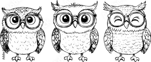 A charming illustration of three cartoon owls displaying different expressions, perfect for children's designs or nature-themed projects.