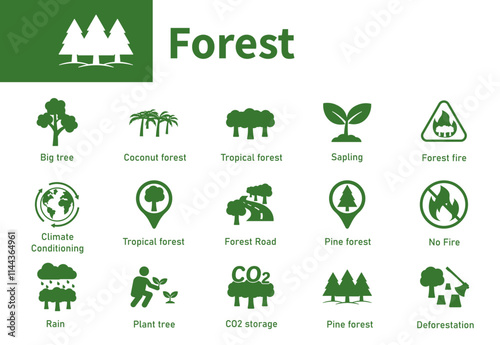 Collection of icons on the theme of ecology, green trees, nature, environment. Solid vector icon of forest. photo