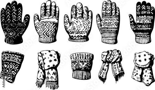 A collection of hand-drawn winter accessories including gloves, mittens, and scarves featuring various patterns and designs.