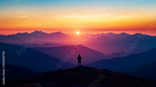 Explorer at the edge of a precipice, silhouetted against the pastel hues of a setting sun over distant peaks