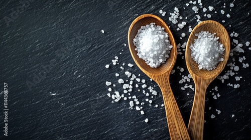 Wooden spoons with coarse salt on dark slate surface photo