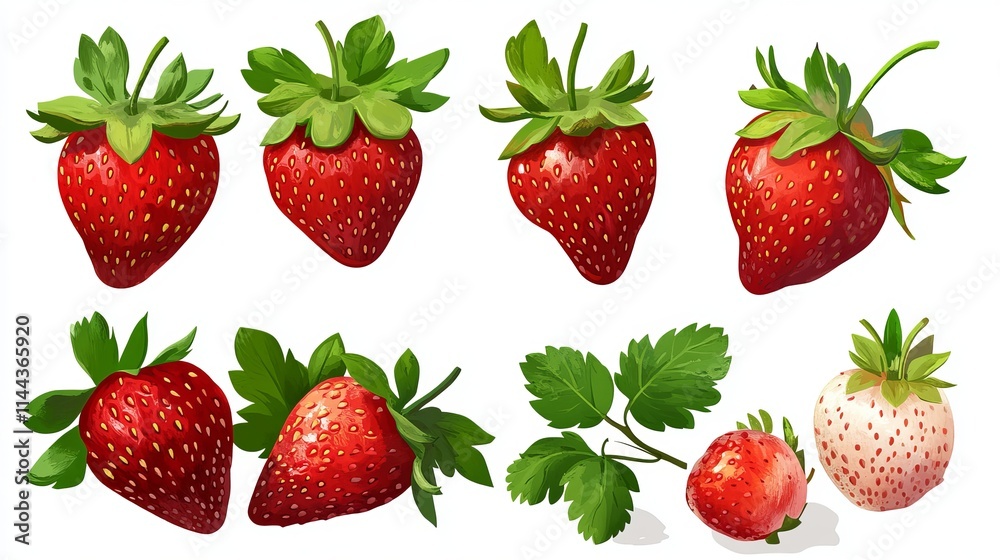 Strawberries: A set of fresh strawberries with a bright red color and green leaves, isolated on a white surface. Strawberries: A set of fresh strawberries with a bright red color and green leaves, isolated on a white surface.