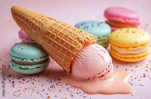 Colorful macarons stacked with melting ice cream and caramel sauce on a pink ...