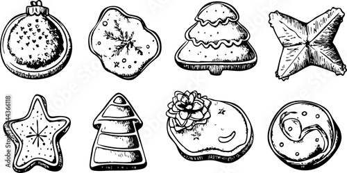 A collection of hand-drawn holiday cookies including ornaments, stars, trees, and snowflakes, perfect for festive baking themes.
