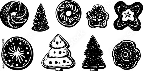 A collection of black and white illustrated Christmas cookies including stars, trees, and festive shapes, perfect for holiday designs.