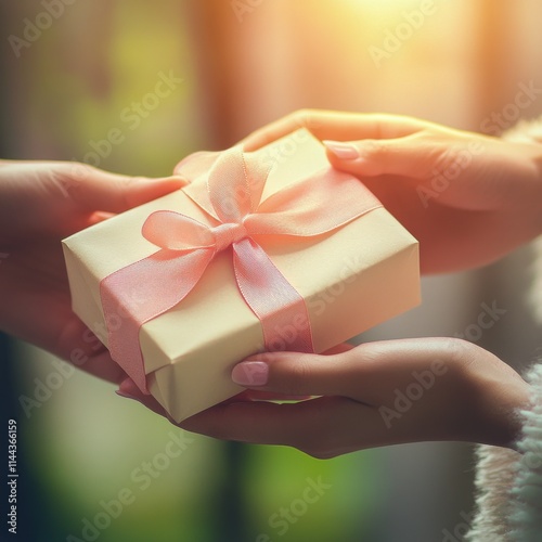 Delicate gift exchange during festive celebration with soft bokeh lights crea...