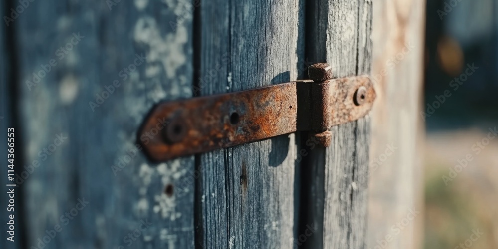 Rusty Metal Hinge Attached to a Weathered and Timeworn Wooden Door in an Abandoned Setting Rusty Metal Hinge Attached to a Weathered and Timeworn Wooden Door in an Abandoned Setting