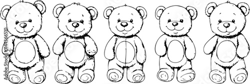 A collection of cute teddy bear illustrations in line art, ideal for children's products, crafts, or educational materials.