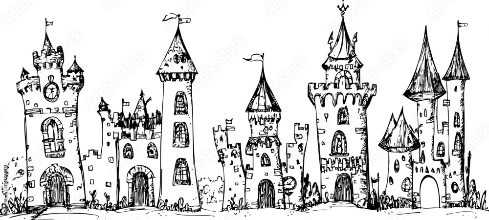 Naklejka premium A whimsical line art illustration of a series of medieval castles, showcasing unique architectural features and a fairytale theme.