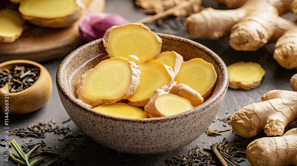 Fresh ginger root and thin slices in a ceramic bowl, surrounded by herbal tea ingredients Fresh ginger root and thin slices in a ceramic bowl, surrounded by herbal tea ingredients