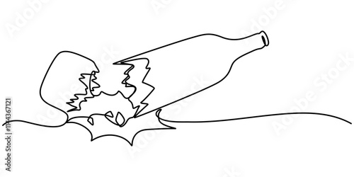 One line drawing of beer bottles were smashed at the end of the table until they broke into pieces. Stop and say no to alcohol campaign. Dry January, Broken beer glass bottle continuous one line.