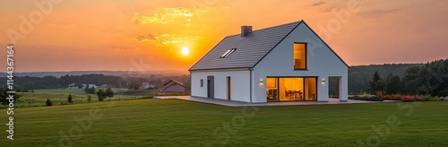 Modern house surrounded by green landscape at sunset with warm light illumina...