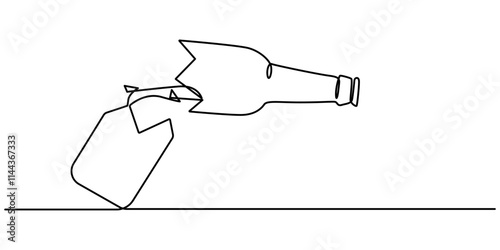 One line drawing of beer bottles were smashed at the end of the table until they broke into pieces. Stop and say no to alcohol campaign. Dry January, Broken beer glass bottle continuous one line.