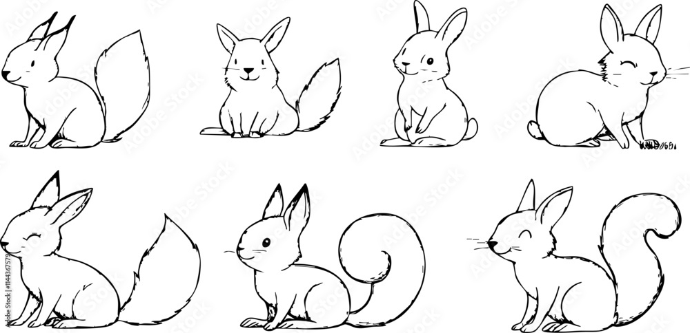 A collection of cute, whimsical sketches of cartoon animals, featuring bunnies and squirrels in various playful poses. A collection of cute, whimsical sketches of cartoon animals, featuring bunnies and squirrels in various playful poses.