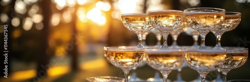 Sparkling champagne flutes arranged elegantly at sunset, celebrating a specia...