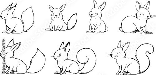 A collection of cute, whimsical sketches of cartoon animals, featuring bunnies and squirrels in various playful poses.