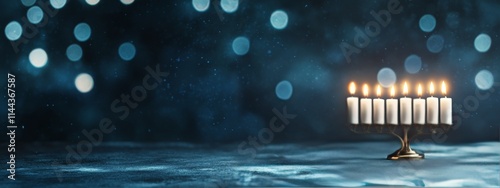 Celebration of lights with a menorah and candle against a starry night backgr...