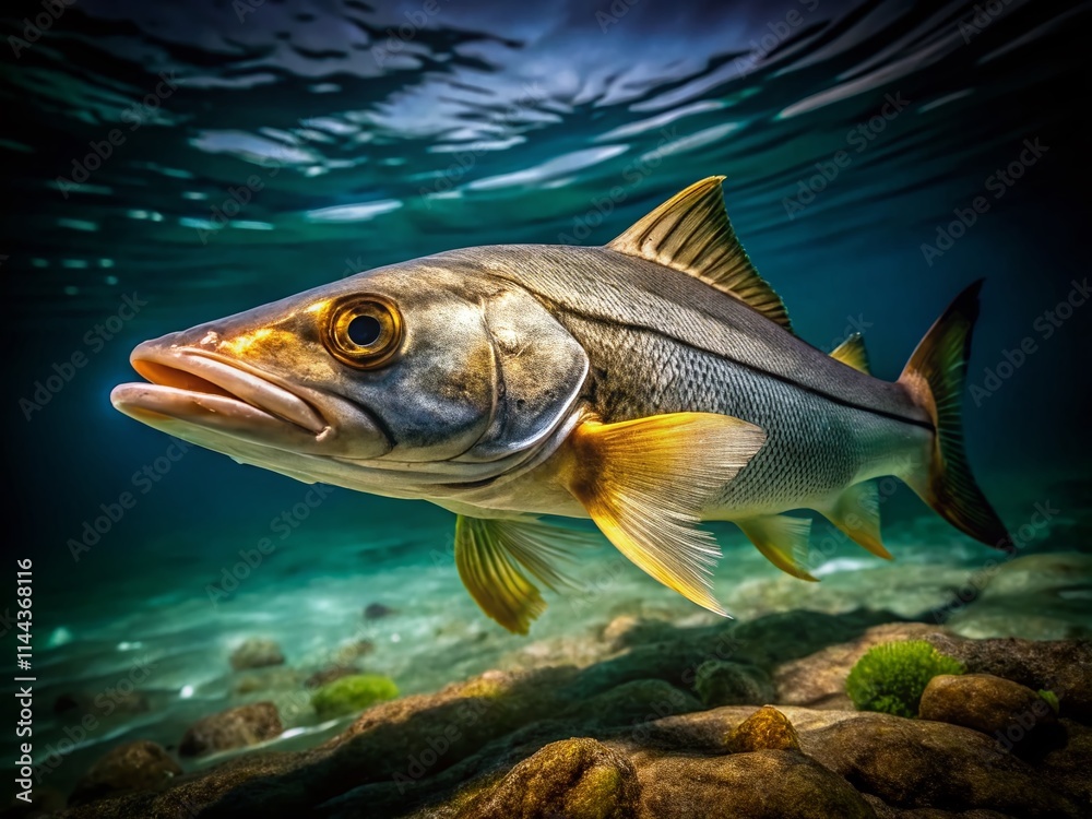 Naklejka premium Long Exposure Snook Fish Photography: Night Fishing, Coastal Waters, Florida Snook, Saltwater Fish