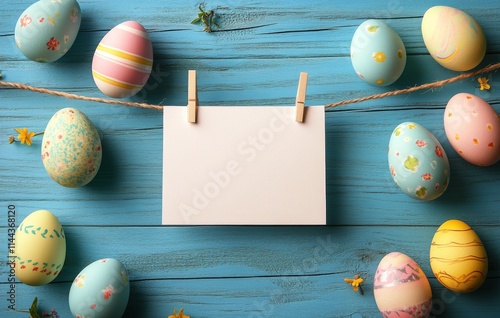 Colorful Easter eggs arranged on a blue wooden table with a blank card hanging on a string for holiday greetings photo