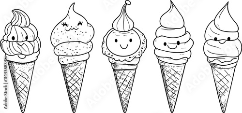 A charming collection of five ice cream cones featuring different flavors and smiling faces, perfect for summer-themed designs.