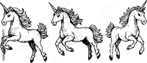 A whimsical black and white illustration of three trotting unicorns, showcasing their magical and mythical essence.