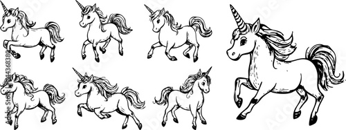 A whimsical line art illustration featuring various poses of unicorns, perfect for fantasy-themed projects or children's designs.