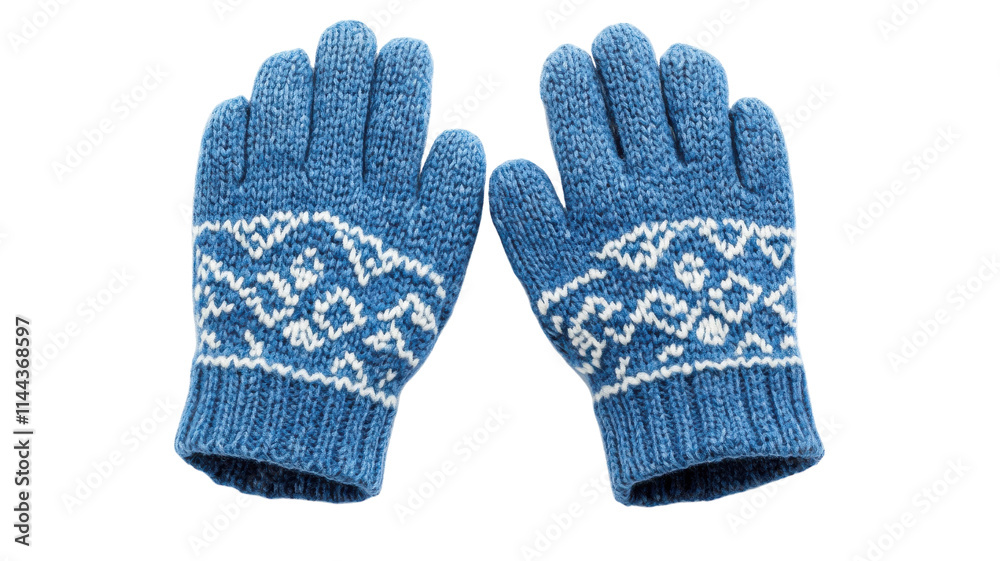 A Pair of Blue Woolen Gloves with a Pattern for Winter Fashion and Warmth. A Pair of Blue Woolen Gloves with a Pattern for Winter Fashion and Warmth.
