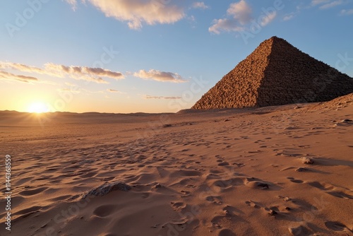 A pyramid stands majestically in the twilight, highlighted by soft hues of dusk, revealing both the beauty of nature and the wonders of ancient architecture.