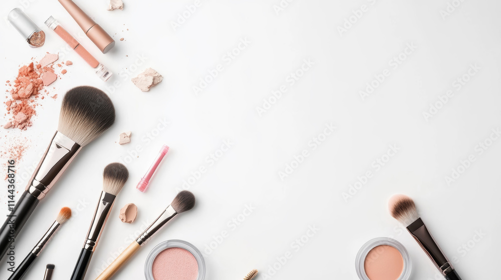 Makeup tools and products arranged neatly on a white background for beauty enthusiasts and artists Makeup tools and products arranged neatly on a white background for beauty enthusiasts and artists