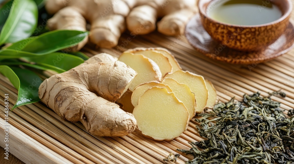 Ginger root with slices on a natural bamboo mat alongside green tea leaves Ginger root with slices on a natural bamboo mat alongside green tea leaves