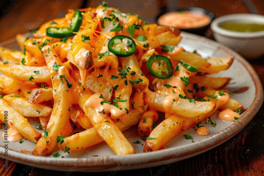Cheesy jalapeno French fries on wood background. Cheesy jalapeno French fries on wood background.